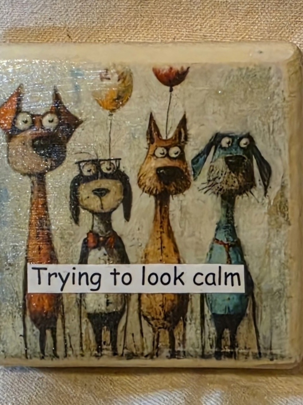 Whimsical 'Trying to Look Calm' Dog Plaque - Blue & Tan